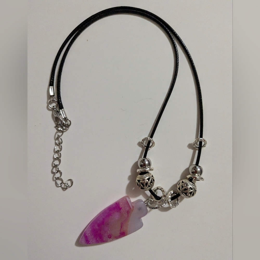 Handmade White & Pink Druzy Arrowhead Silver Beaded Necklace